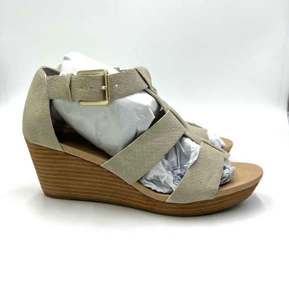 Dr Scholls Womens Size 7.5 Barton Light Gray Cream Faux Snakeskin Wedges Shoes - Picture 2 of 12